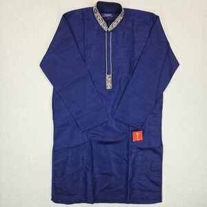 NWT Nausha Men's Navy Blue Raw Silk Kurta Pajama Set Embroidered Size Small 2pc